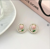 Korean Premium Pearl Floral Earrings - Waterproof Pink Blossom Design